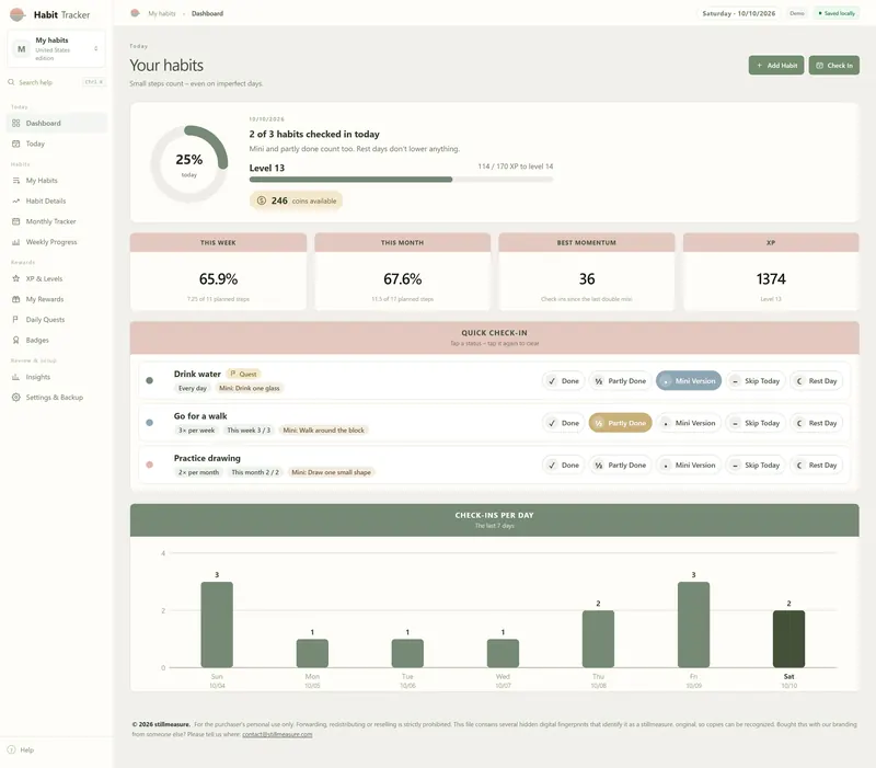 Web app dashboard for 10/10/2026: 2 of 3 habits checked in, 25% today, level 13, quick check-in and check-ins per day