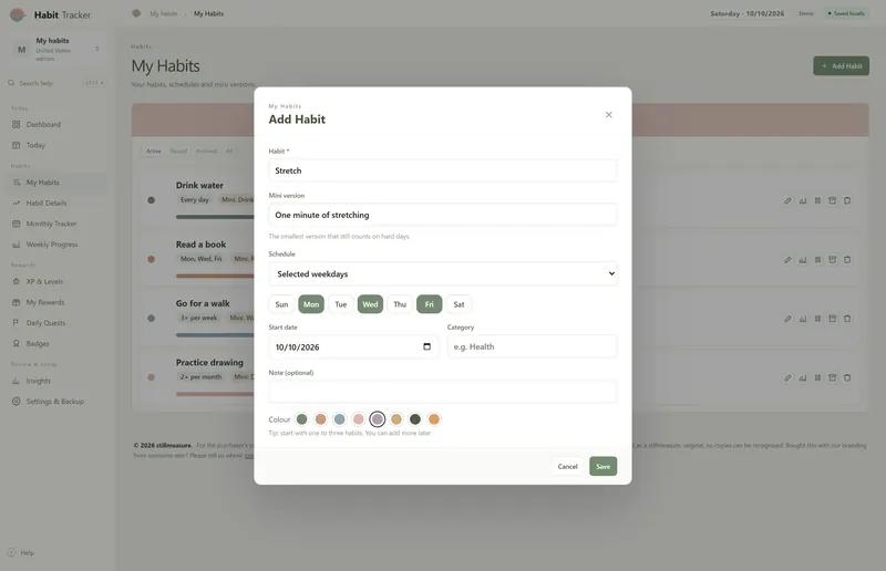 Add Habit dialog: Stretch, mini version One minute of stretching, schedule Selected weekdays with Mon, Wed and Fri