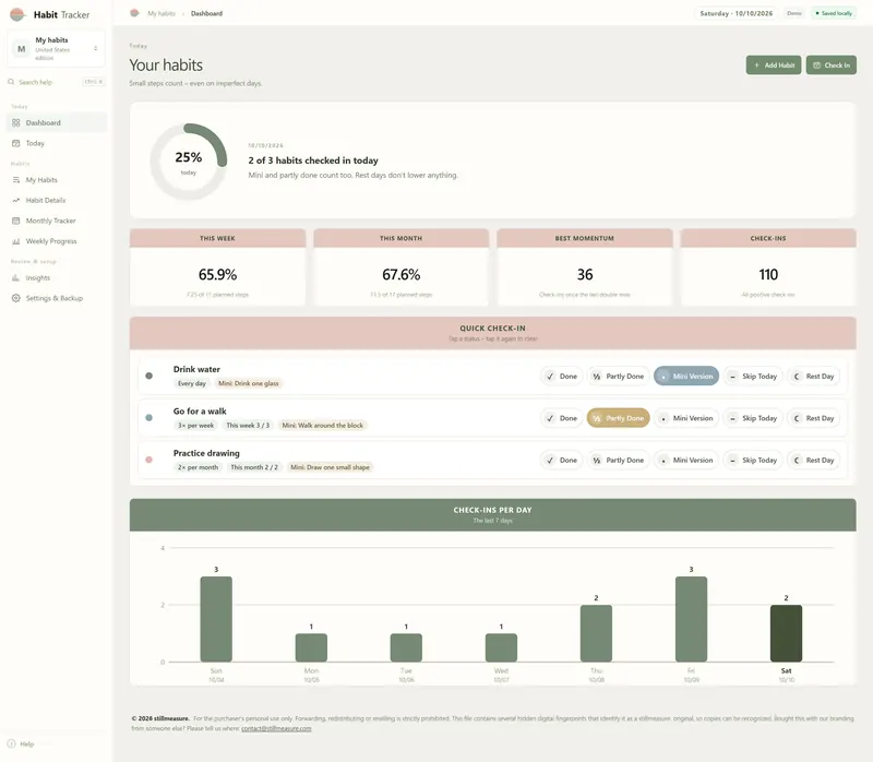 Dashboard with game features off: no level or coins, 110 check-ins, this week 65.9% and the quick check-in list