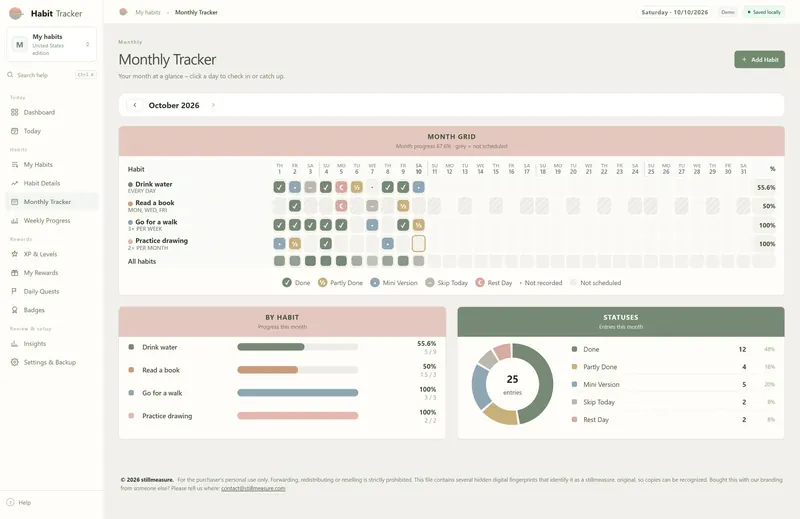 Monthly Tracker for October 2026: month grid for four habits, progress by habit and a donut of 25 entries by status