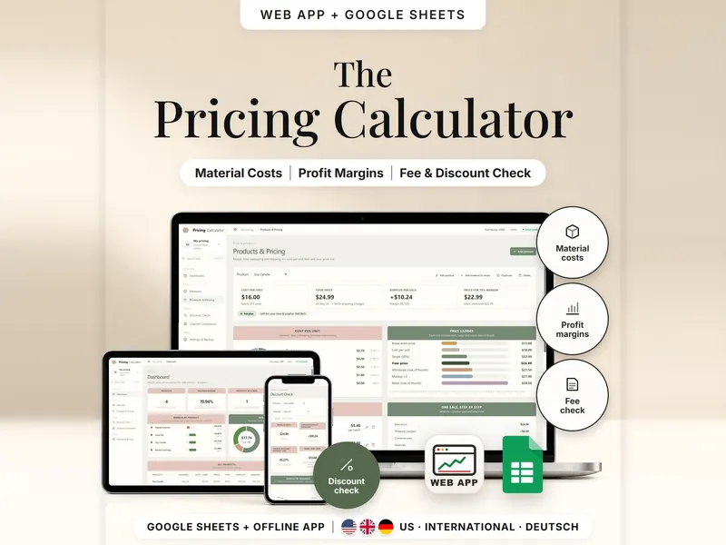 The Pricing Calculator: Soy Candle on a laptop – cost per unit $16.00, your price $24.99, surplus +$10.24, price for 30% margin $22.99