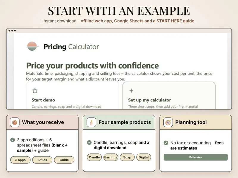 Start with an example: welcome screen with Start demo (candle, earrings, soap, digital download) and Set up my calculator