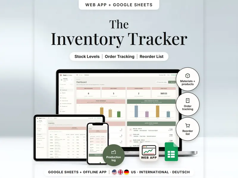 The Inventory Tracker: dashboard with 6 items to restock, 5 open orders, 2 overdue and $601.55 stock value on laptop, tablet, phone