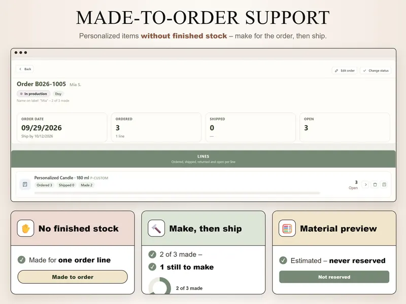 Made to order: order B026-1005 in production – a personalized candle with 3 ordered, 2 made and 0 shipped