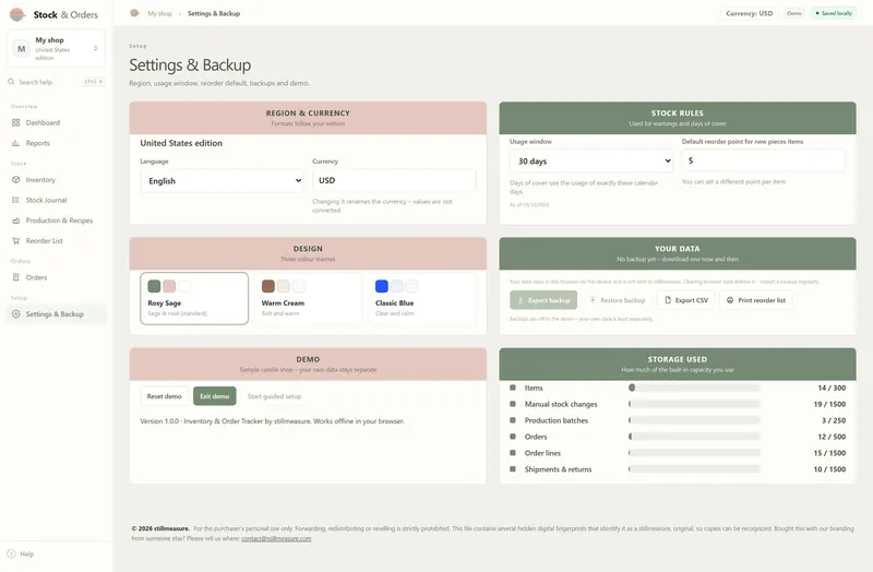 Settings & Backup: USD, a 30-day usage window, three color themes, backup buttons and storage used, e.g. 14 of 300 items