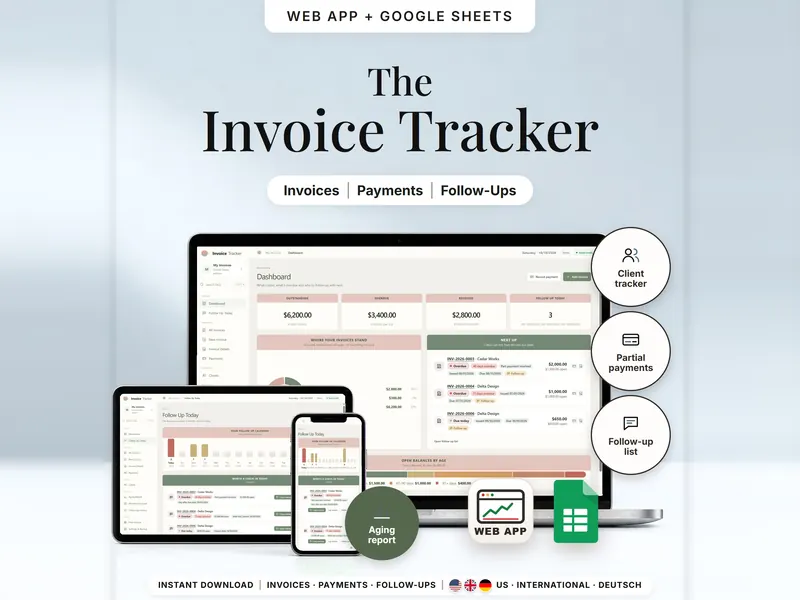 The Invoice Tracker: dashboard on a laptop – $6,200.00 outstanding, $3,400.00 overdue, $2,800.00 received, 3 to follow up