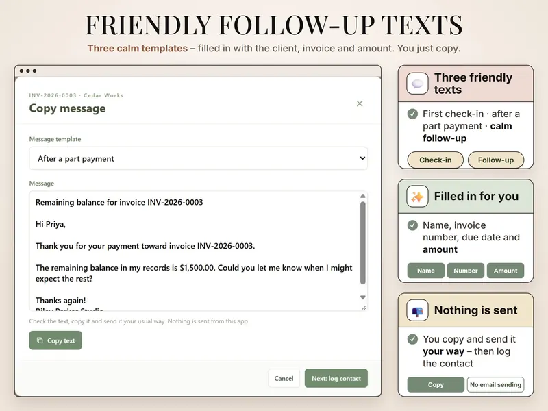 Friendly follow-up texts: Copy message dialog, template After a part payment, asking about $1,500.00 left on INV-2026-0003