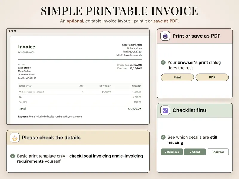 Simple printable invoice: INV-2026-0001 to Atlas Studio, $1,000.00 net plus 10% tax, total $1,100.00