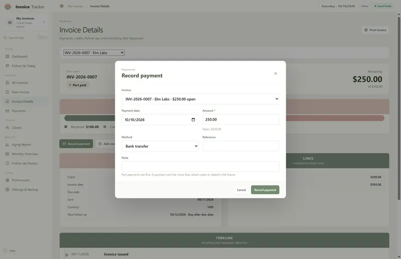 Record payment dialog for INV-2026-0007, Elm Labs, $250.00 open – date 10/10/2026, amount 250.00, bank transfer
