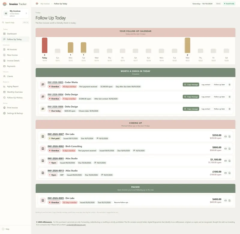 Follow Up Today: 14-day calendar and three invoices worth a check-in, each with Copy message, Log contact, Follow up later