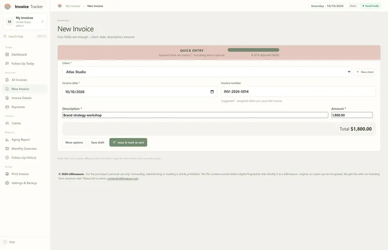 New Invoice quick entry: Atlas Studio, 10/10/2026, Brand strategy workshop, 1,800.00, with Save draft and Issue & mark as sent