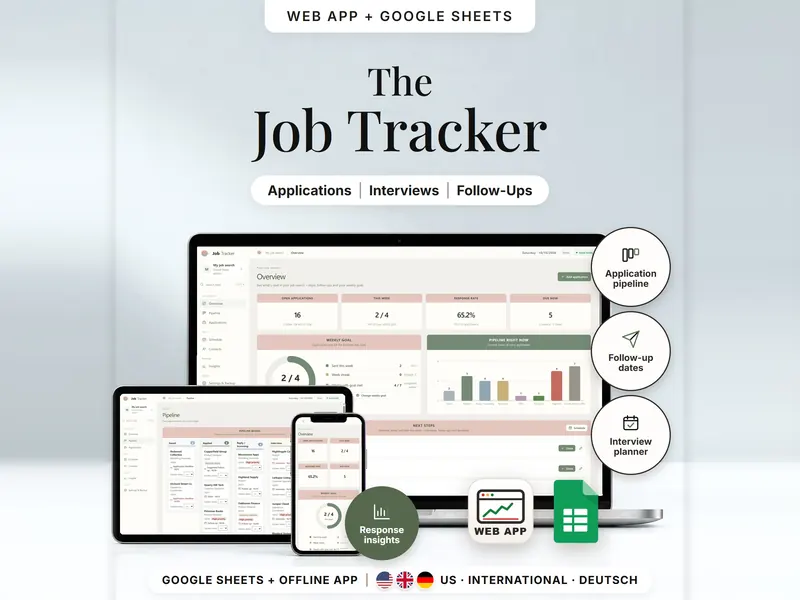 The Job Tracker: overview with 16 open applications, 2 of 4 this week, 65.2% response rate and 5 due now on laptop, tablet, phone