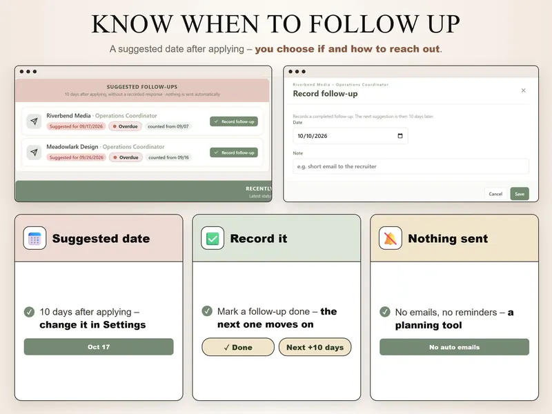 Follow-ups: two overdue suggested follow-ups and the Record follow-up dialog – the next suggestion comes 10 days later