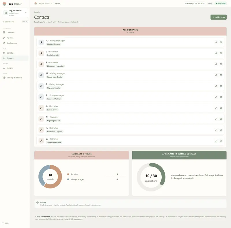 Contacts page: 10 contacts shown by initial and role – recruiter or hiring manager – each with a company