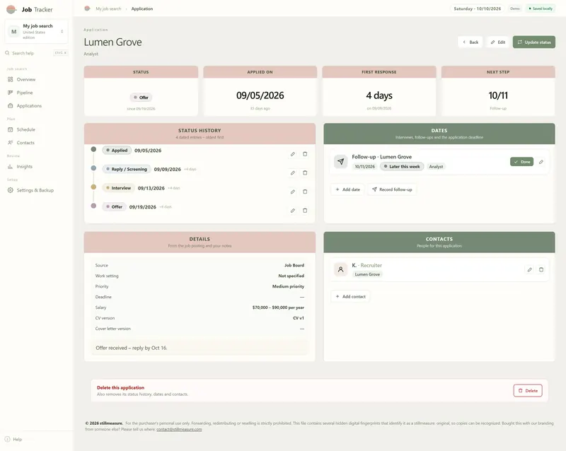 Application page for Lumen Grove: offer since 09/19/2026, first response after 4 days, four dated status entries, follow-up 10/11