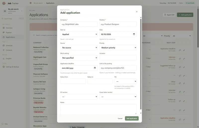 Add application dialog: company, position, start as Applied, date, source, priority, deadline, link, salary and CV version