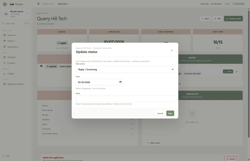 Update status dialog for Quarry Hill Tech: new status Reply / Screening on 10/10/2026, added to the history