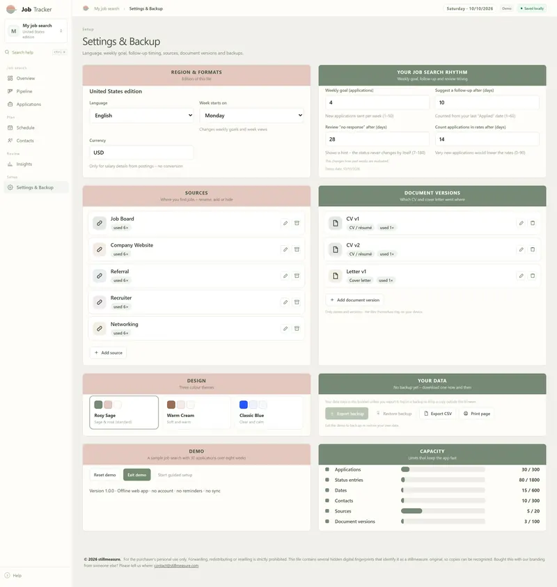Settings & Backup: weekly goal 4, follow-up after 10 days, review after 28, rates after 14, sources and document versions