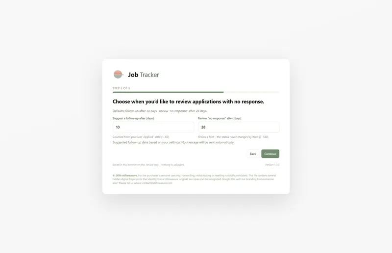 Setup step 2 of 3: suggest a follow-up after 10 days and review “no response” after 28 days – no message is sent