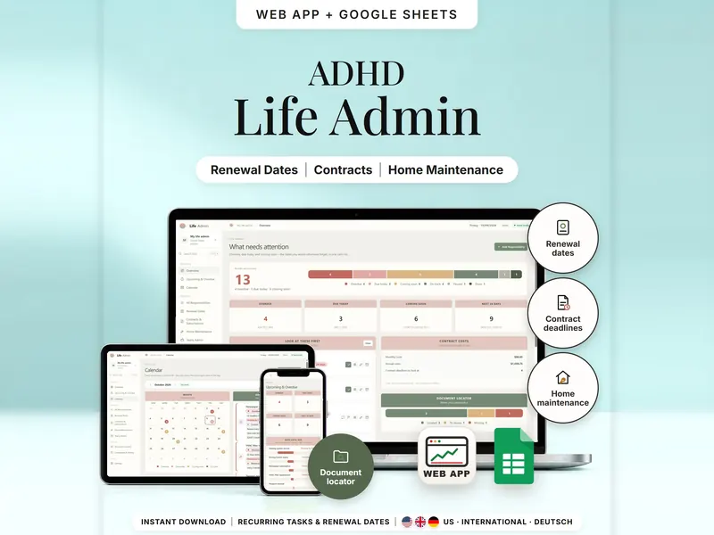 ADHD Life Admin: overview with 13 items needing attention – 4 overdue, 3 due today, 6 coming soon – plus calendar and phone view
