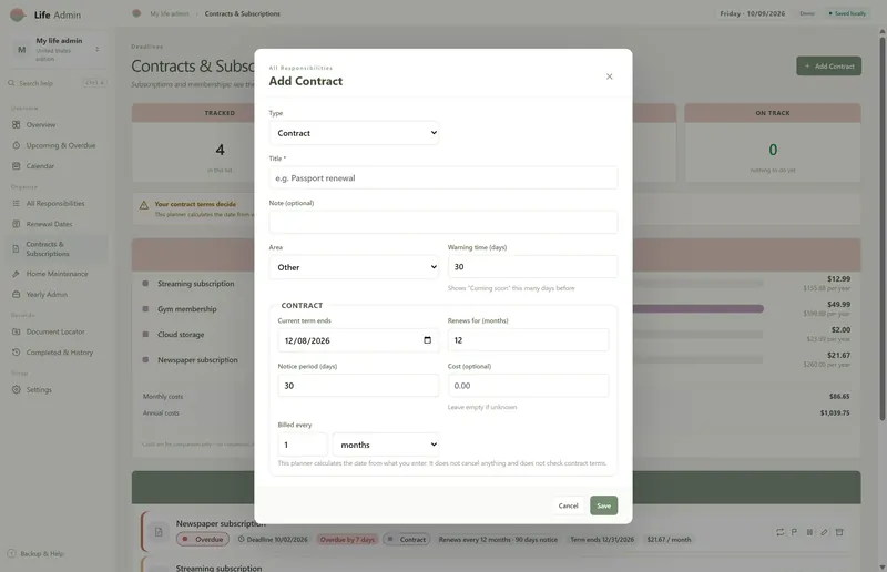 Add Contract dialog: current term ends 12/08/2026, renews for 12 months, 30 days notice period, optional cost, billed every month