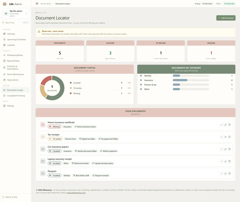 Document Locator page: places-only warning, 5 documents – 3 located, 1 to review, 1 missing – and a chart by category
