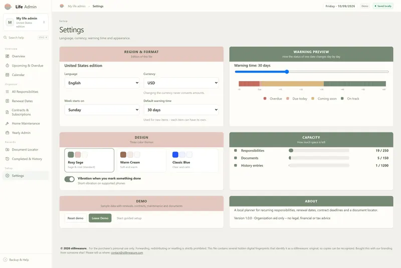 Settings page: US edition in USD, week starts Sunday, 30-day warning time with a preview, three color themes, capacity 19 of 250
