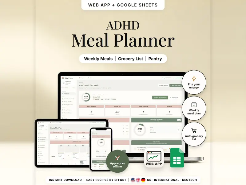 ADHD Meal Planner: dashboard with 15 of 28 meals planned, the weekly plan on a tablet and the grocery list at 2/23 on a phone