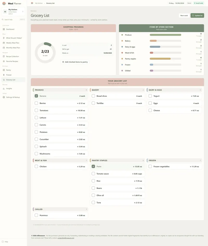 Grocery List page: 2 of 23 in cart, 21 still to get, items by store section from produce to chilled, Update list button