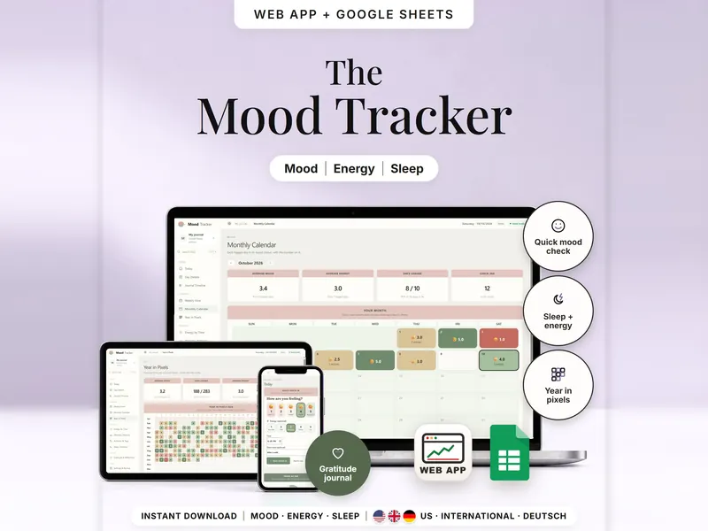 The Mood Tracker: October calendar on a laptop (average mood 3.4, 8 of 10 days logged), Year in Pixels on a tablet, Today on a phone