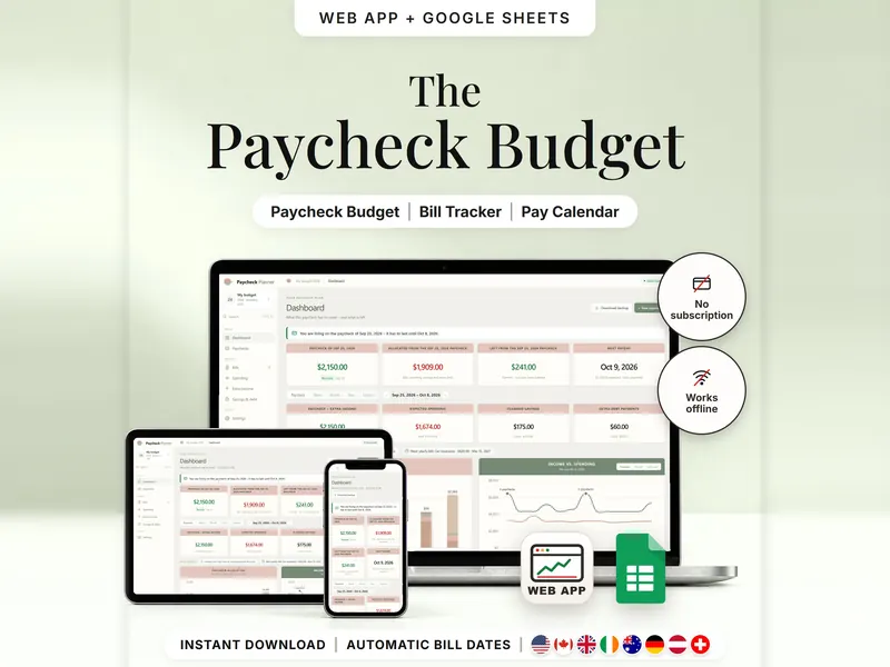 The Paycheck Budget: dashboard on laptop, tablet and phone – paycheck $2,150.00, allocated $1,909.00, $241.00 left, next payday Oct 9, 2026