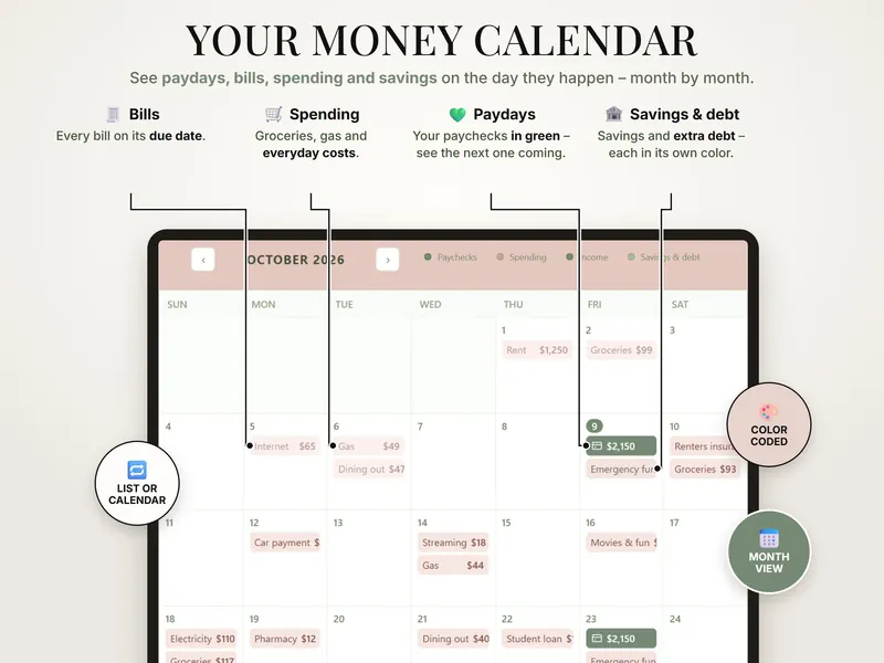 Your money calendar: October 2026 with $2,150 paychecks on Oct 9 and 23, rent $1,250 on Oct 1 and color-coded bills, spending and savings