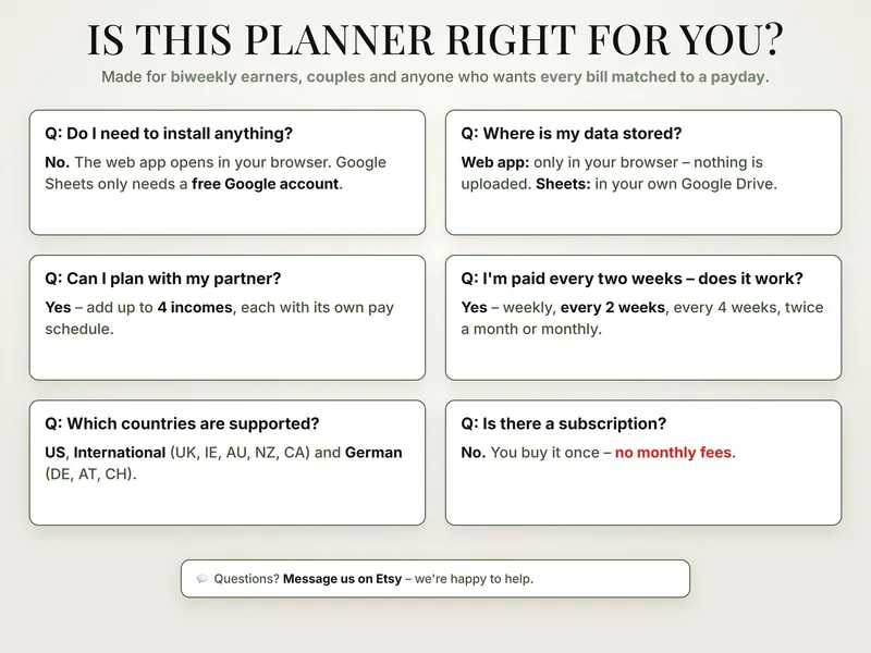 Is this planner right for you? Six answers – nothing to install, data in browser or Google Drive, up to 4 incomes, no subscription