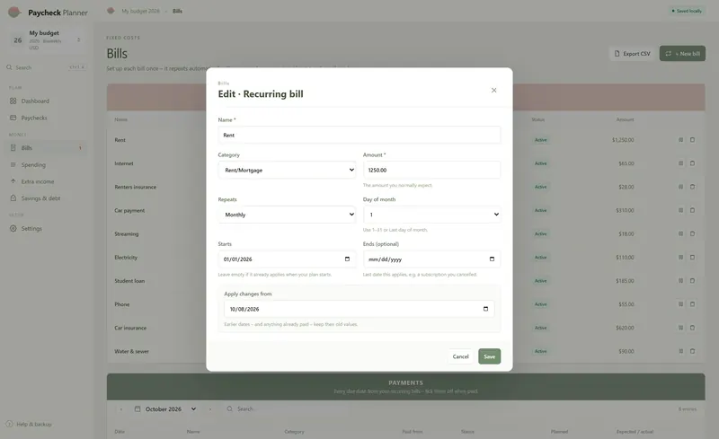 Edit · Recurring bill dialog for rent: 1250.00 monthly on day 1, starting 01/01/2026, with an Apply changes from date field