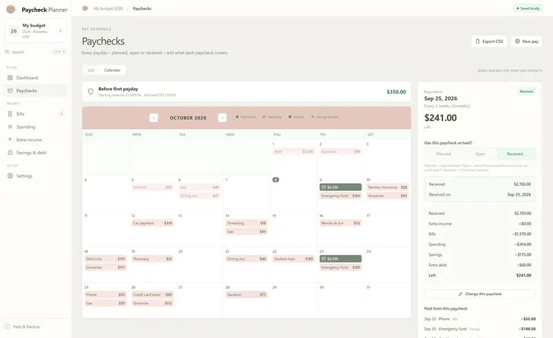 Paychecks calendar for October 2026: paydays on Oct 9 and 23, bills, spending and savings on their days, and the Sep 25 paycheck panel
