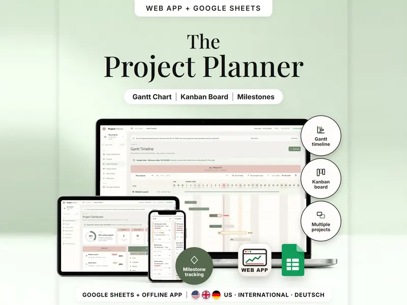 The Project Planner: Gantt timeline on a laptop, project dashboard on a tablet and Kanban board on a phone, sample data