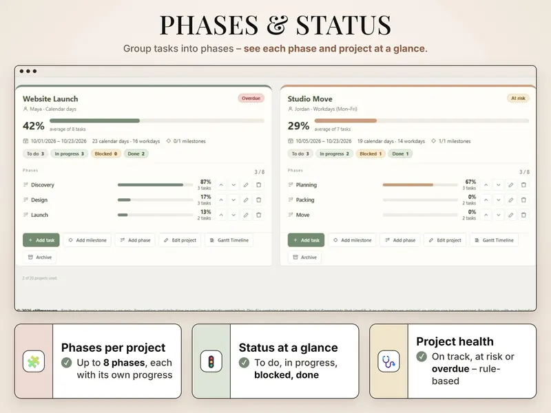 Phases and status: Website Launch 42% – Discovery 87%, Design 17%, Launch 13% – and Studio Move 29% in workdays
