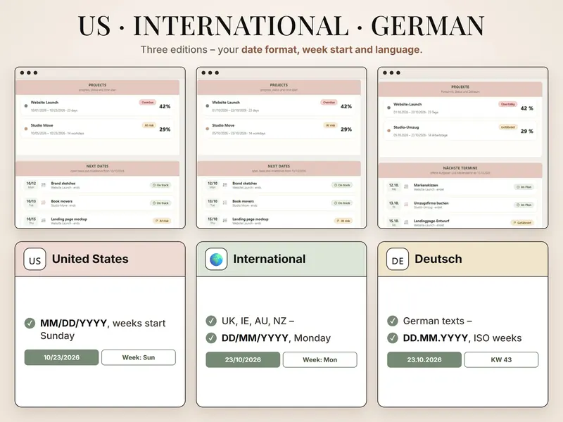 US, International, German: the dashboard three times – 10/23/2026 week from Sunday, 23/10/2026 Monday, 23.10.2026 KW 43