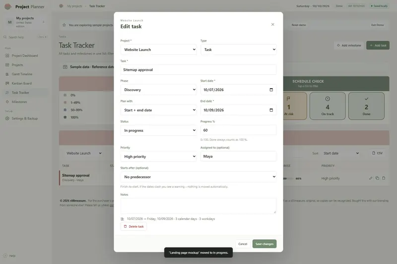 Edit task dialog: Sitemap approval, Discovery phase, 10/07/2026 to 10/09/2026, In progress 60%, High priority, Maya
