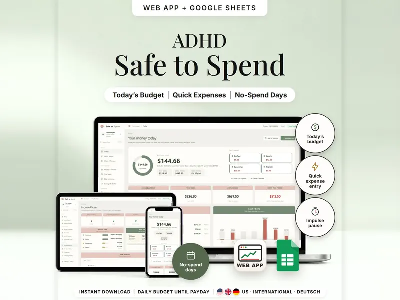 Safe to Spend: Today page on laptop, tablet and phone – $144.66 available today, $226.80 this week, $637.50 until payday