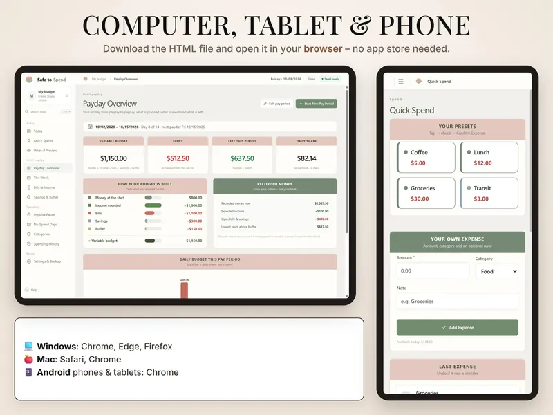Computer, tablet and phone: Payday Overview on a tablet with a $1,150.00 variable budget and Quick Spend on a phone