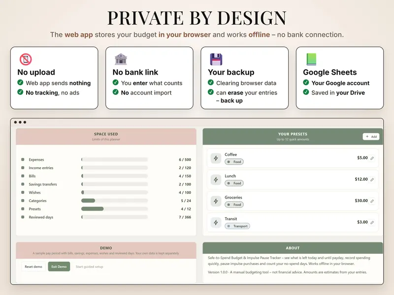 Private by design: no upload, no bank link, your backup, Google Sheets in your Drive – plus space used, presets and demo panels