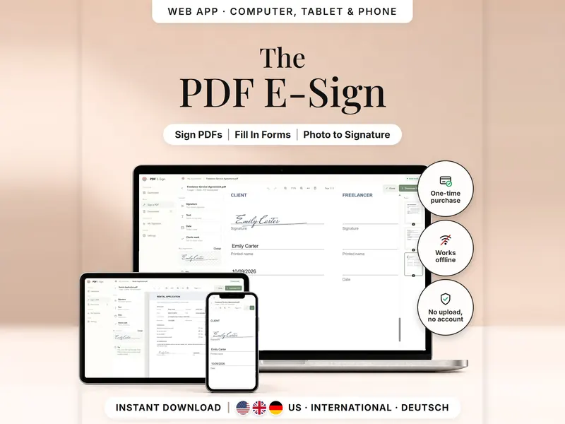 The PDF E-Sign: the web app on laptop, tablet and phone – a freelance agreement signed by Emily Carter, dated 10/09/2026