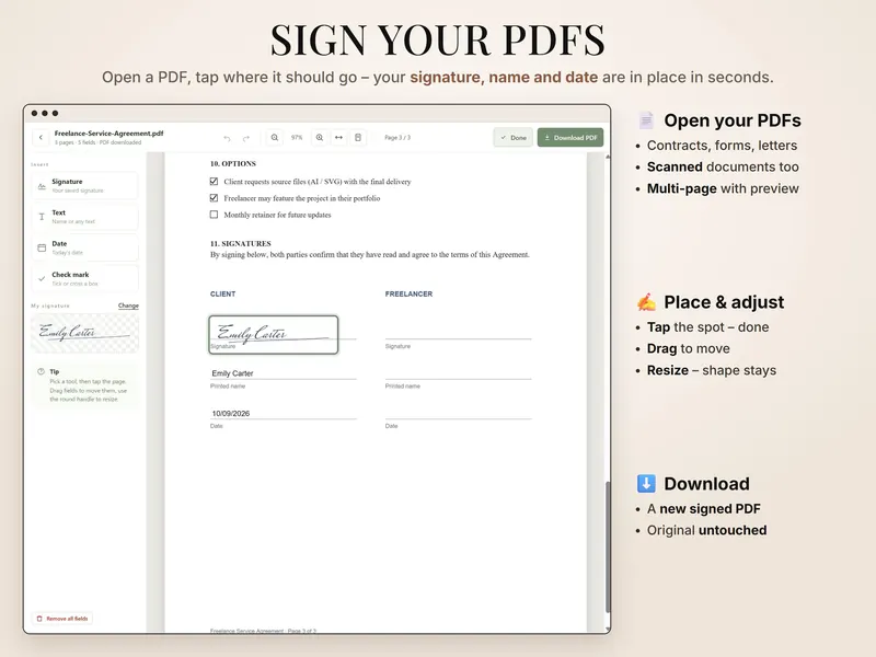 Sign your PDFs: page 3 of a freelance service agreement with Emily Carter's signature, printed name and date 10/09/2026