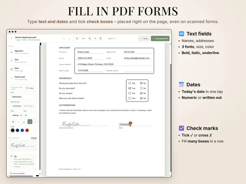 Fill in PDF forms: rental application with name, phone and address typed in, Yes/No boxes ticked, date field 10/09/2026