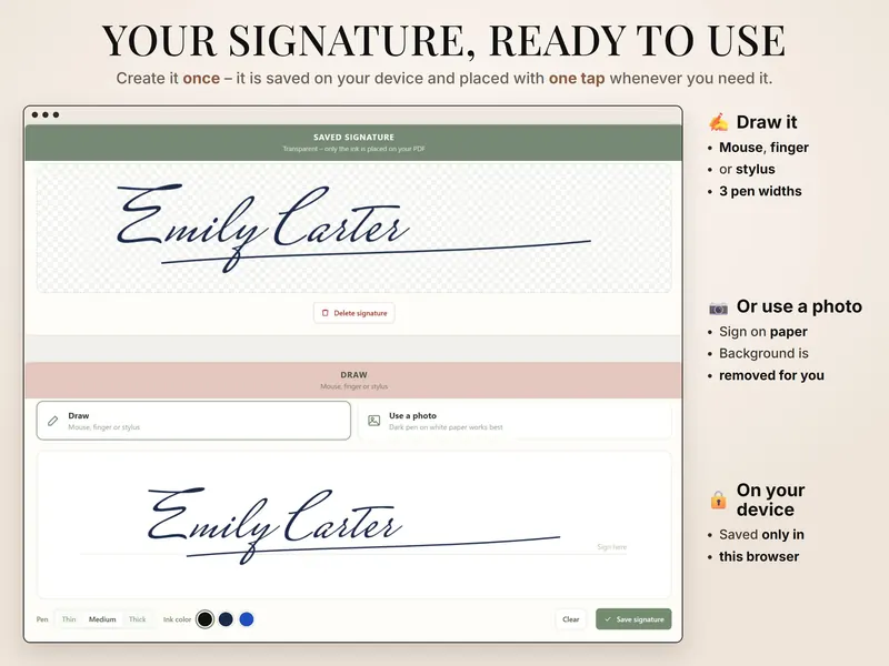 Your signature, ready to use: saved signature above the drawing pad with Thin, Medium and Thick pens and three ink colors