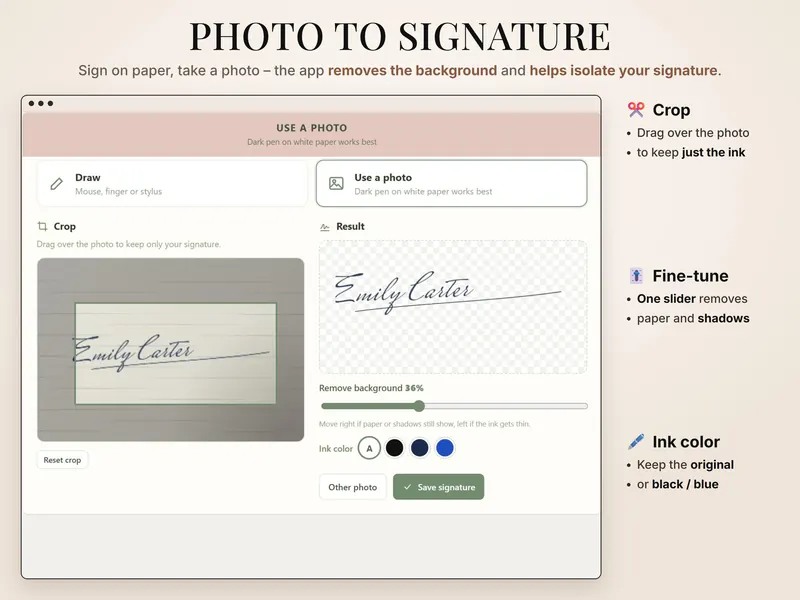 Photo to signature: a photo of a handwritten signature being cropped, next to the transparent result with Remove background at 36%