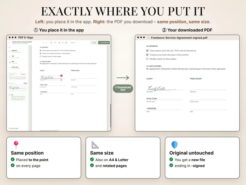 Exactly where you put it: signature placed in the app next to the downloaded Freelance-Service-Agreement-signed.pdf