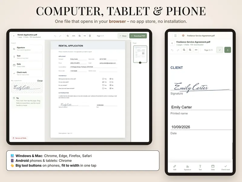 Computer, tablet and phone: rental application in the app on a tablet, signed agreement on a phone with a bottom tool bar