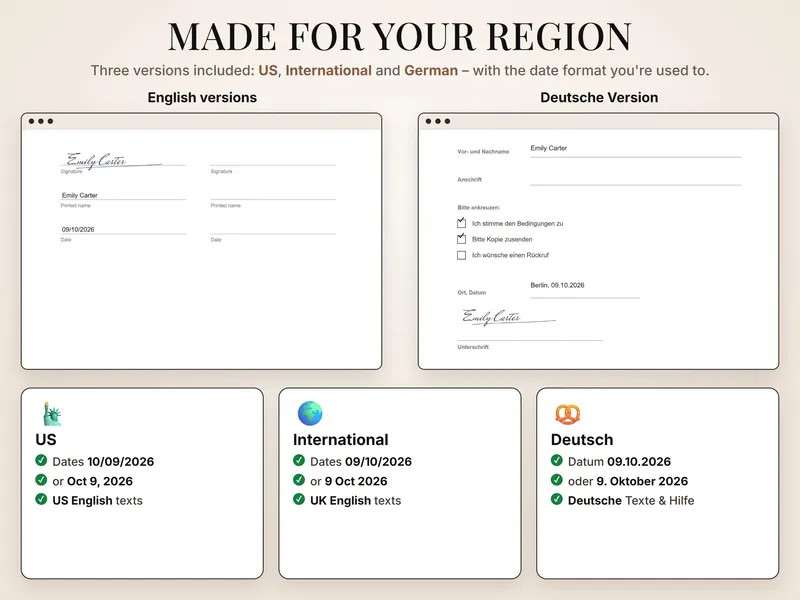 Made for your region: dates 10/09/2026 (US), 09/10/2026 (International) and 09.10.2026 (German) with signed sample forms